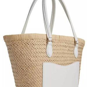 Tan and White Summer Tote Bag with Leather Accents